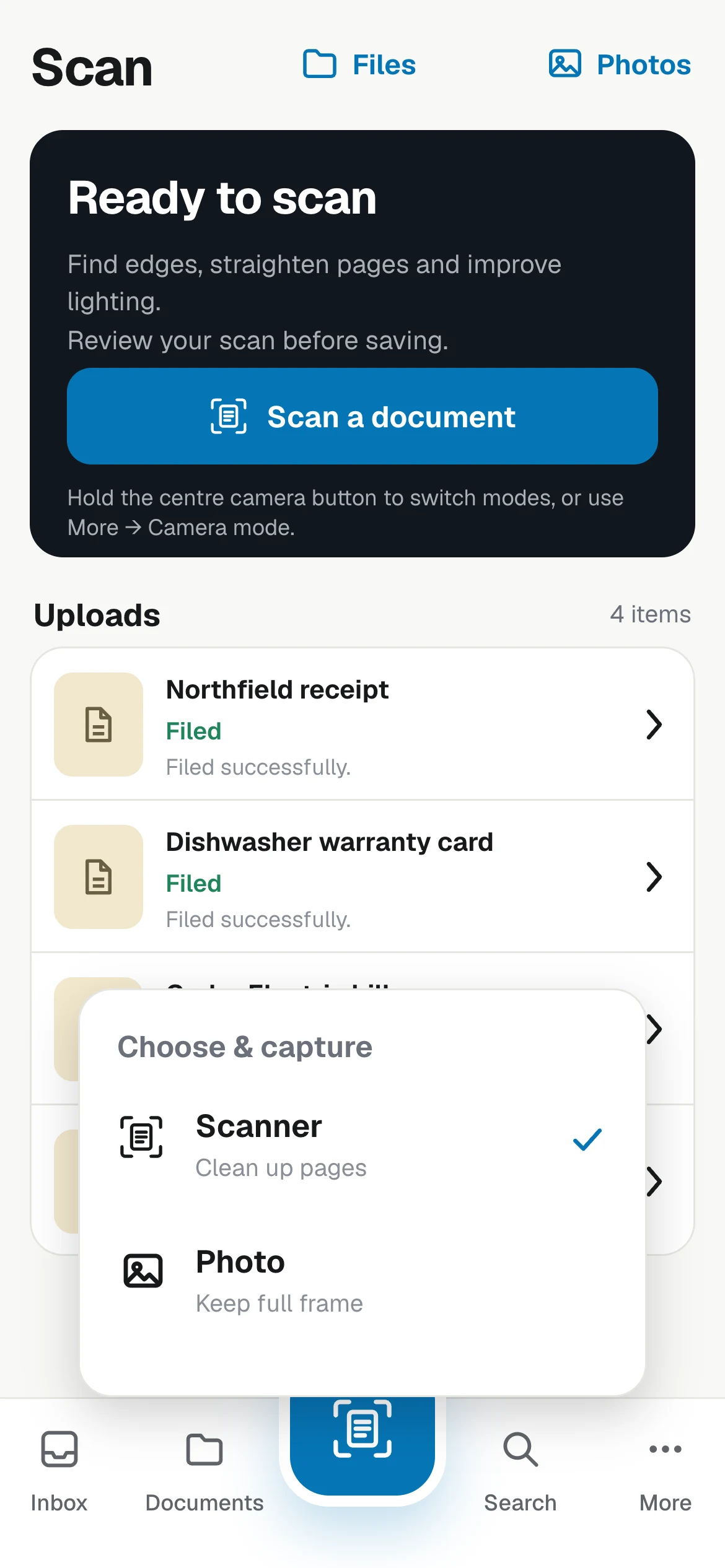 Suchi companion Scan screen with Files and Photos actions and scanner or photo mode selector