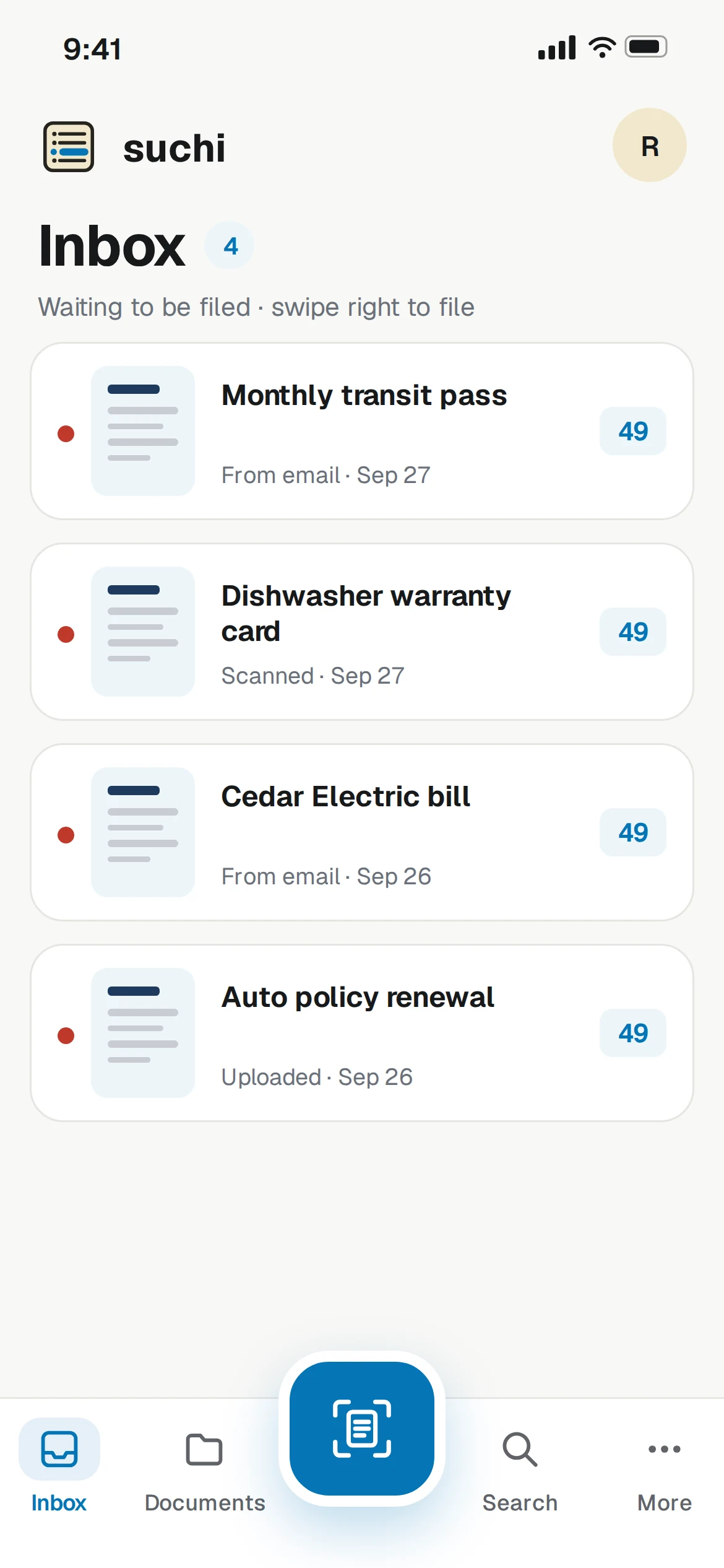 Suchi companion Inbox with a transit pass, warranty, bill and policy renewal