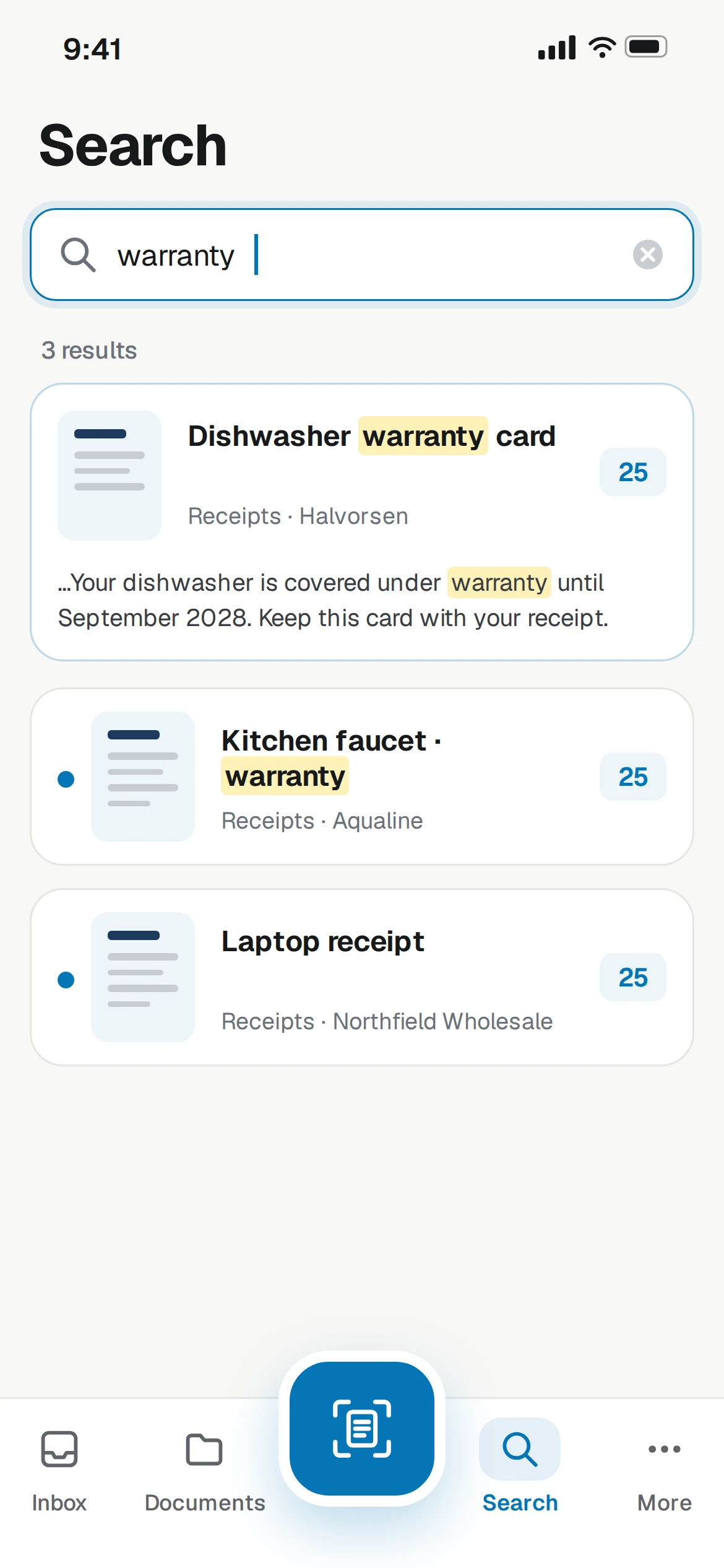 Suchi companion Search showing a highlighted warranty result